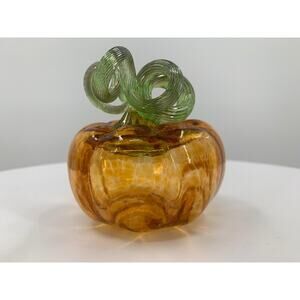 Hand Blown Art Glass Pumpkin Artist Signed Twisted Stem 4” Tall Orange Green